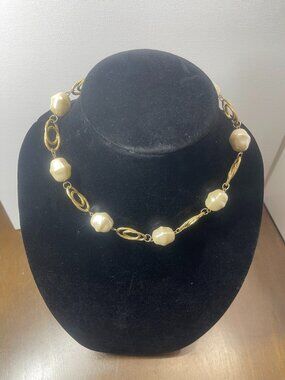 Faux Pearl and Gold Link Necklace - Statement Necklace